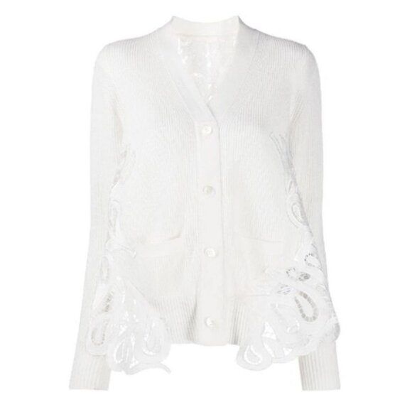 SACAI Paisley Lace Rib Knit Cardigan White Size 1/ Small - Picture 1 of 8